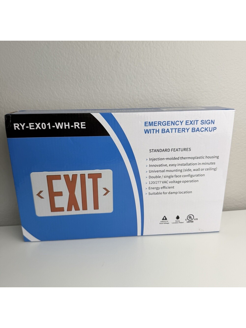 LED Emergency Exit Sign Battery Backup Red EXIT 120/277V UL Listed RY-EX01-WH